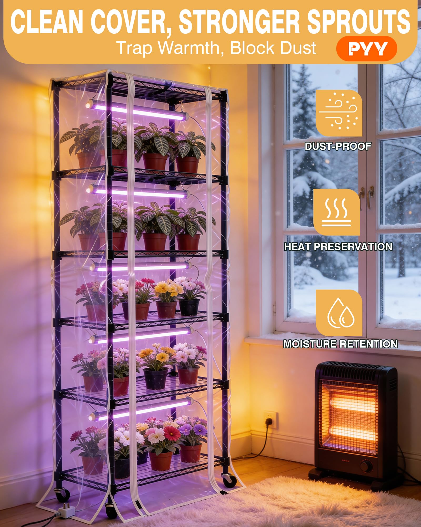 PYY Indoor Greenhouse six-tier shelves adjustable for different seed trays.