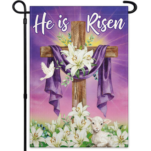 Pziauot He is Risen garden flag featuring cross and lilies for Easter outdoor décor.
