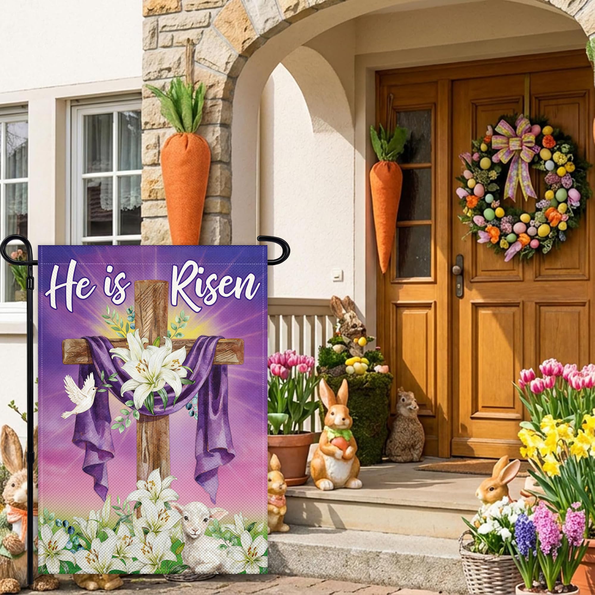 Pziauot He is Risen garden flag double-sided design ensures visibility from both sides.