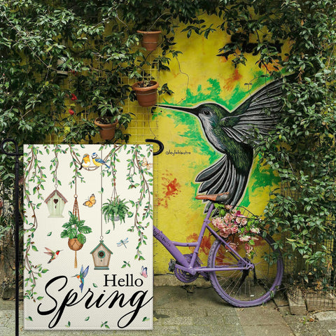 Pziauot Hello Spring flag back view ideal for double-sided seasonal display.