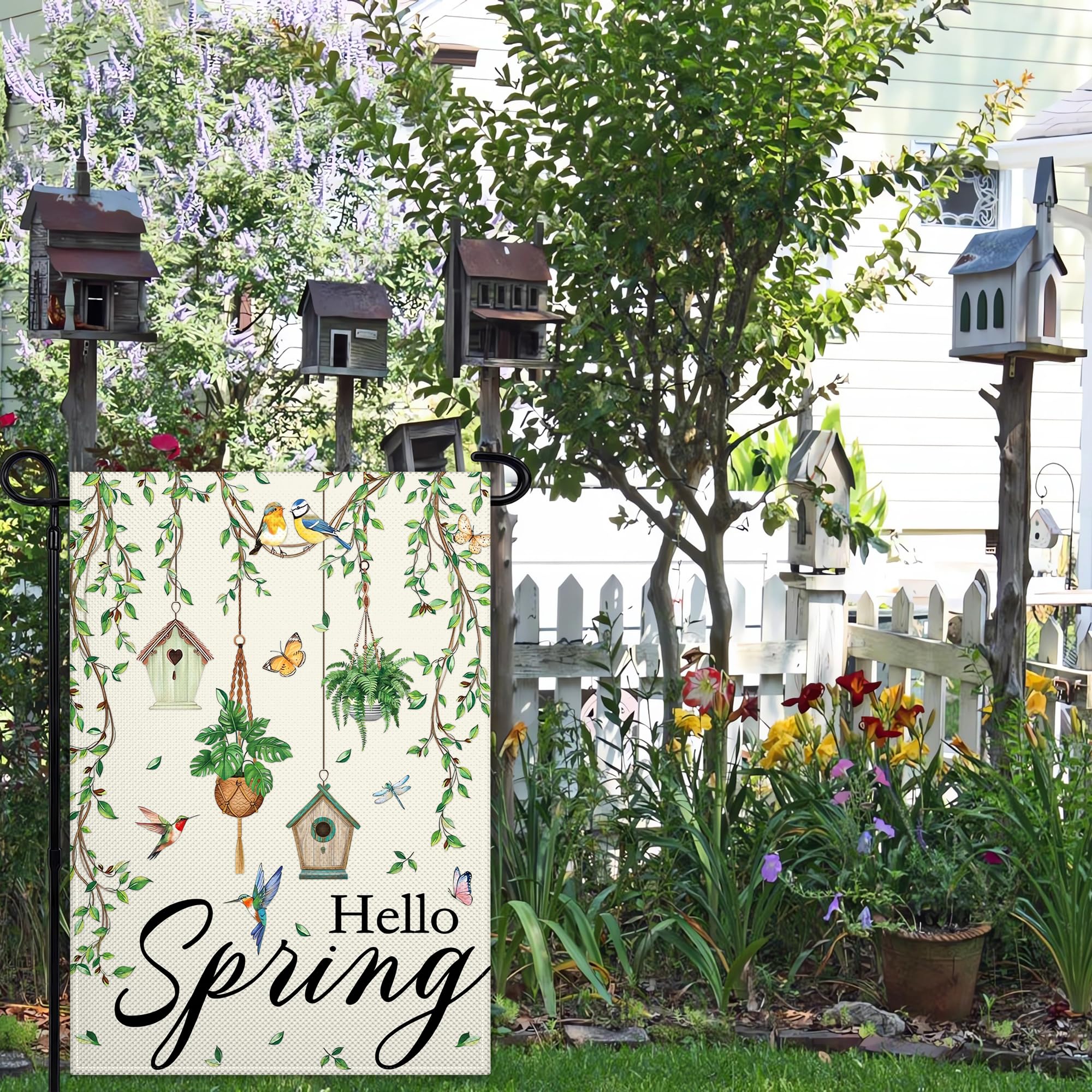 Pziauot Hello Spring flag decoration for patios, porches, and gardens.