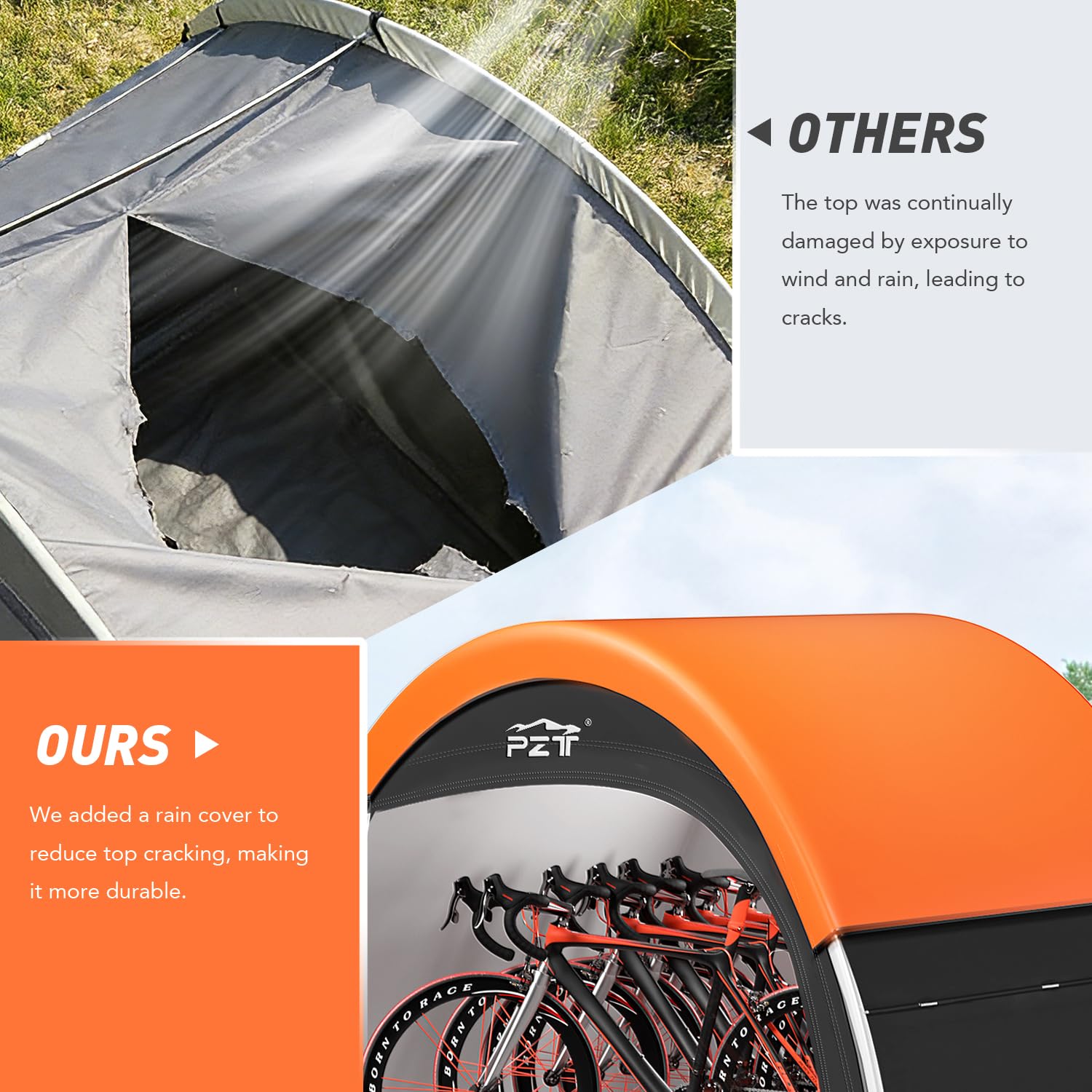 PZT 210D Oxford fabric waterproof cover highlights durable, weather-resistant bike shelter.