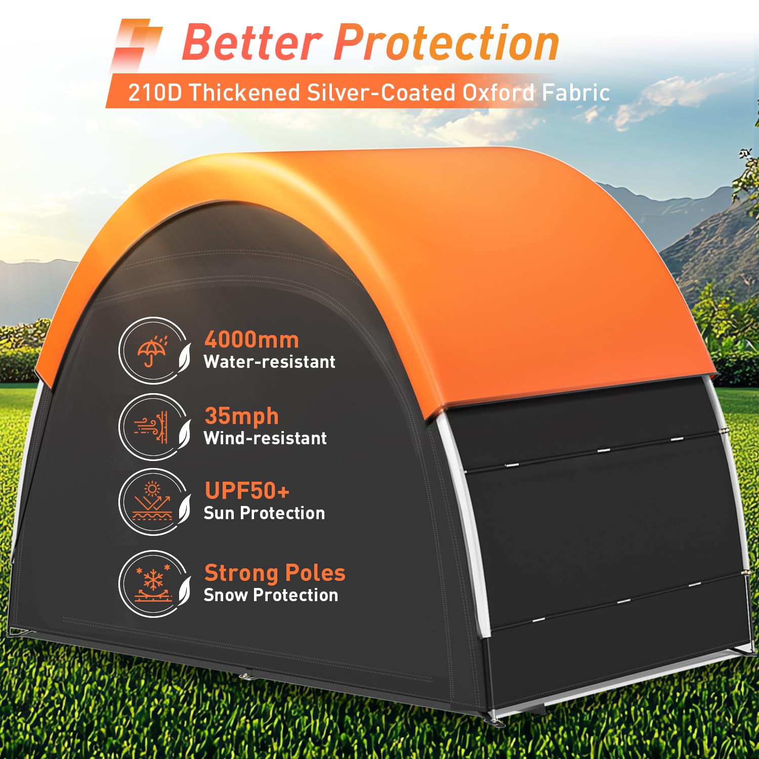 PZT spacious storage tent offers large capacity for 4–5 bikes or lawn gear.