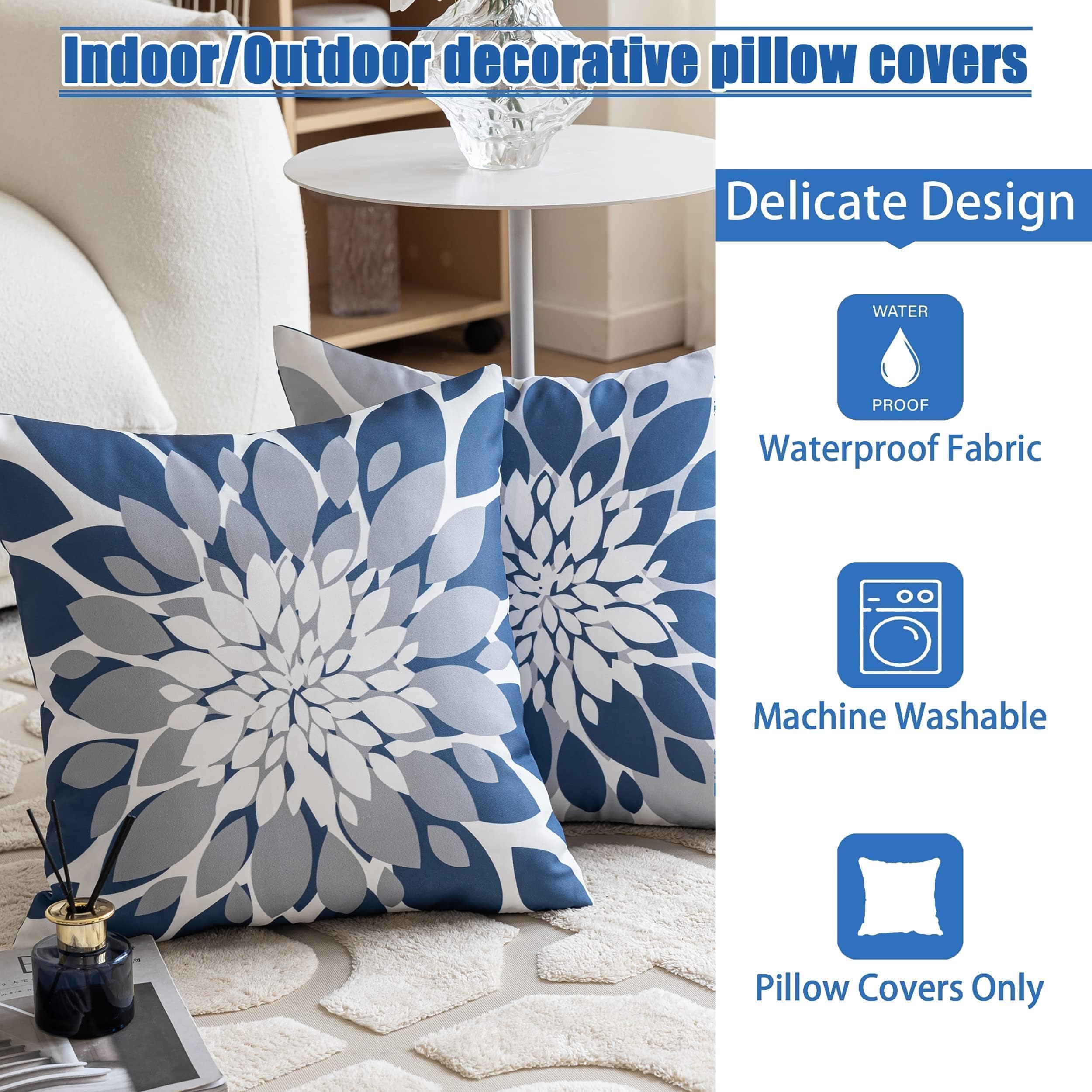 Qahing outdoor scene with blue grey pillow cover on bench