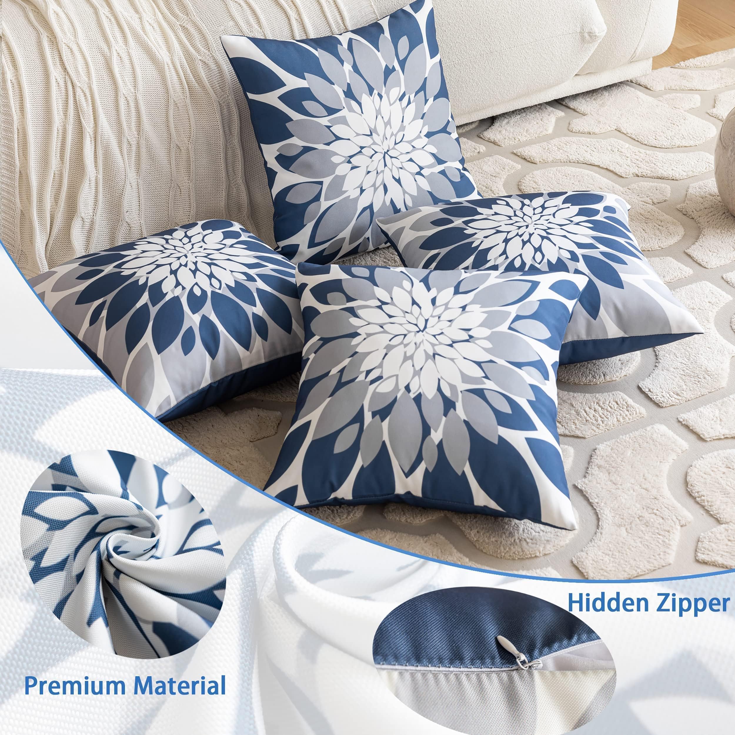 Qahing four-pack pillow covers in blue grey for patio setup