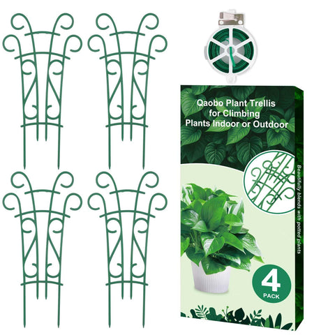 Qaobo plant trellis four-pack stackable setup supports climbing vines in pots.