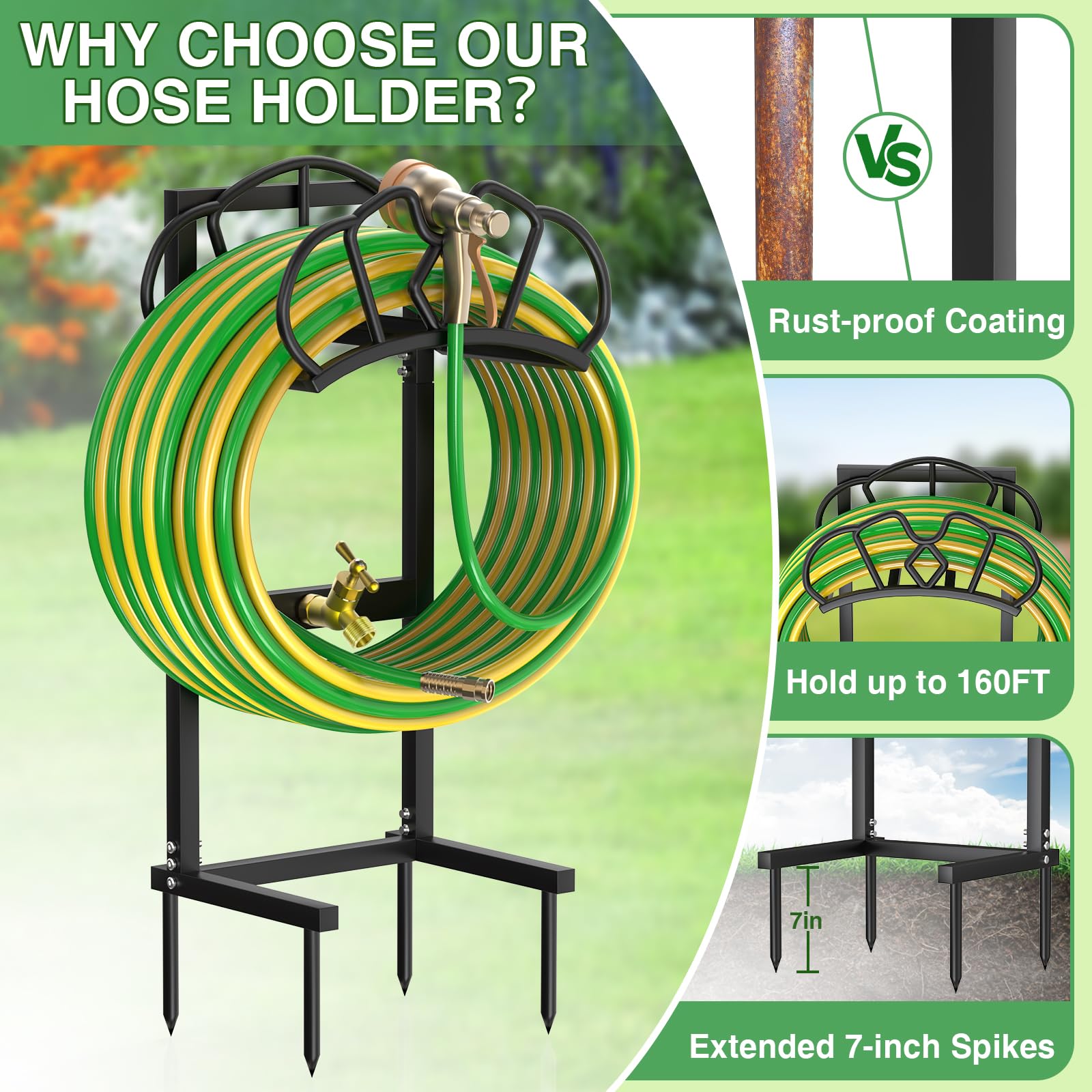 Qatsrin detachable-hose-reel-rack allows flexible placement around the yard.