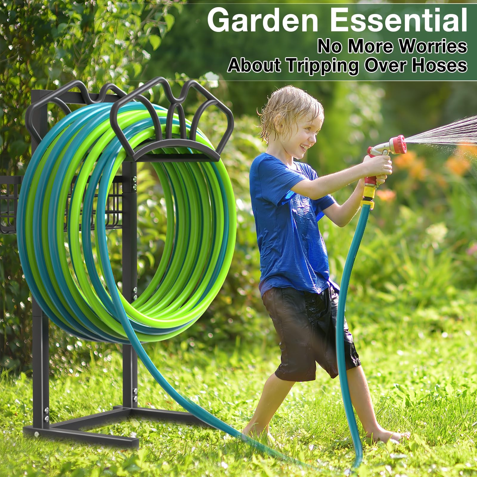 Qatsrin freestanding hose holder stands anywhere without wall mounting.