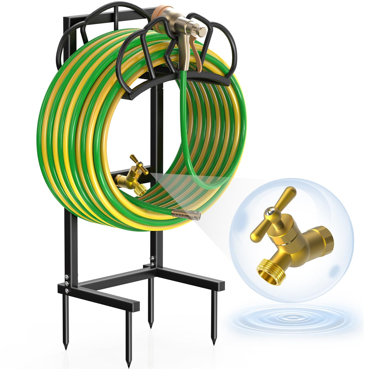 Qatsrin garden hose holder faucet keeps hoses off the ground for easy access.