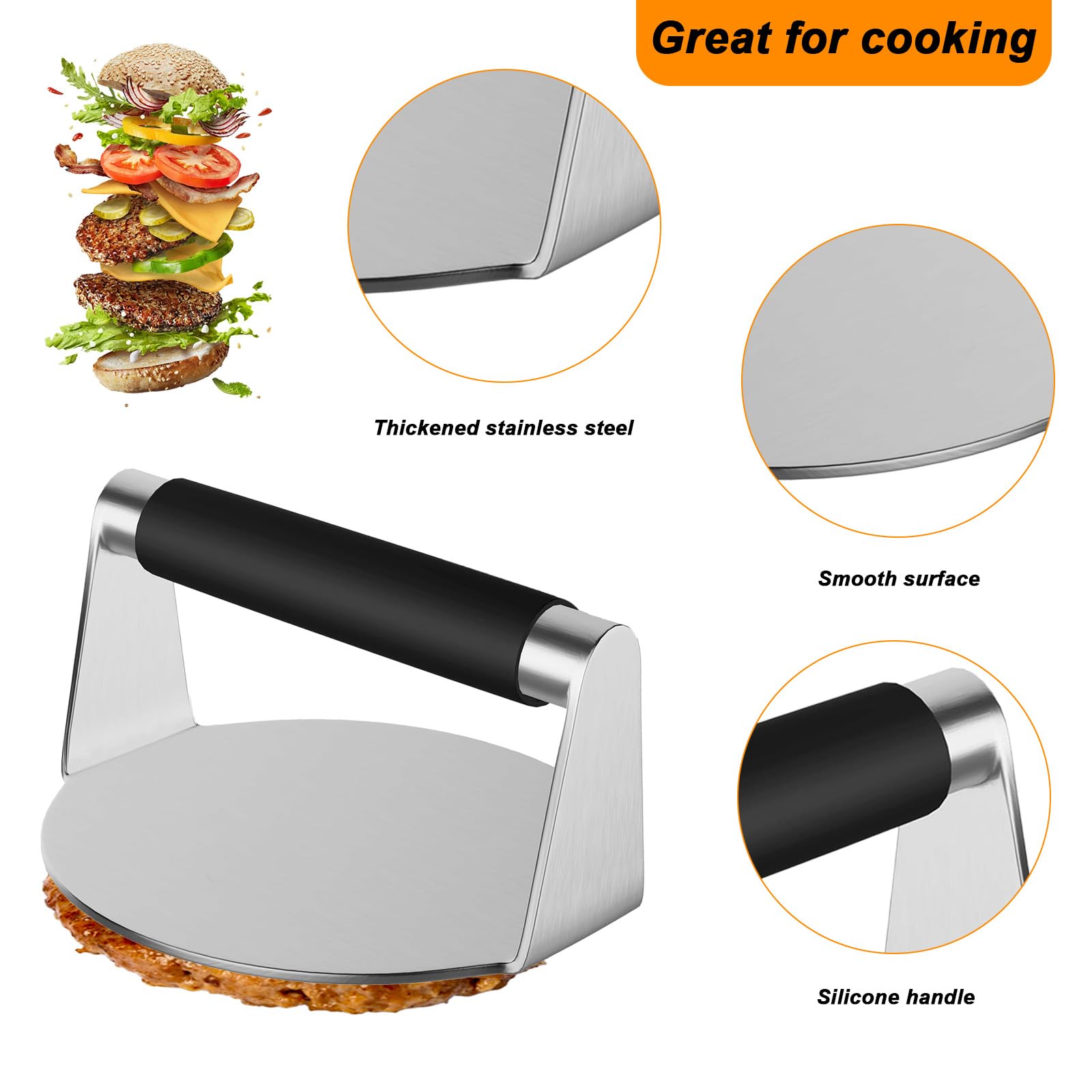 QBXMY7 Smash Burger Press on griddle demonstrates versatile use on grills and pans.