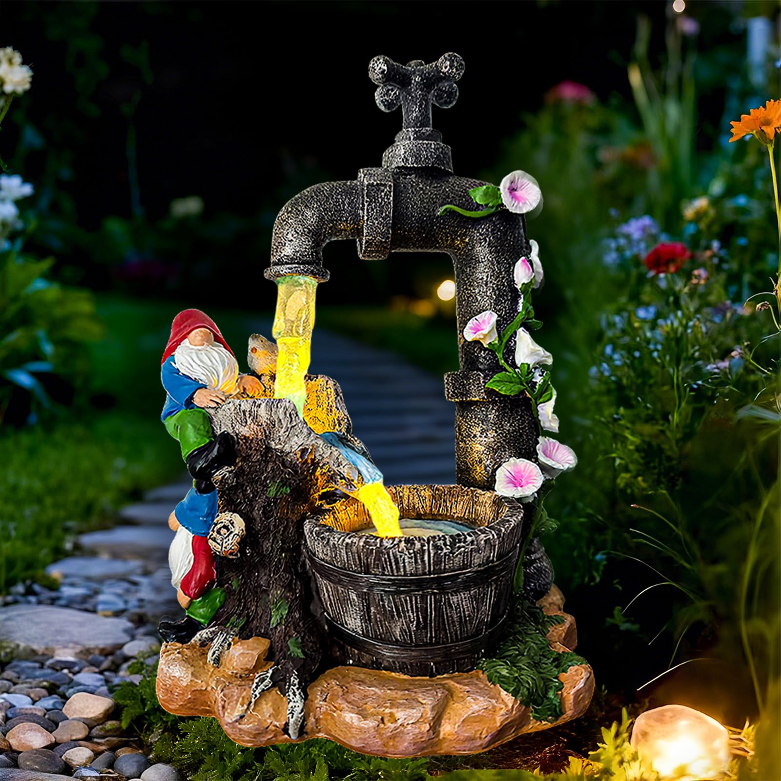 QCF Solar Garden Gnomes fountain 10-inch glows with a gentle LED water stream