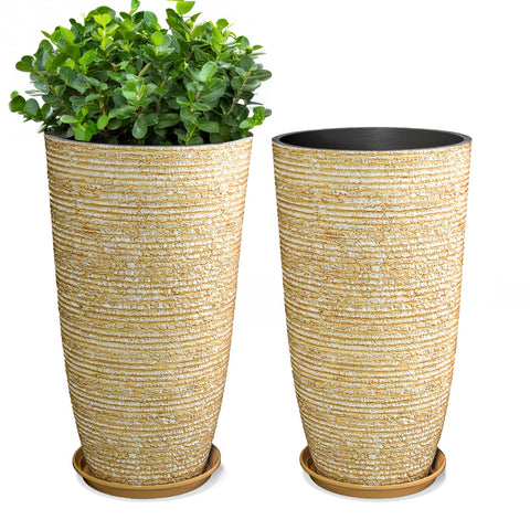 QCQHDU 9-gallon tall planter in beige with faux stone finish, ideal for porch display.