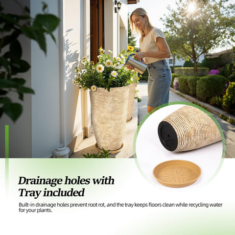 QCQHDU beige tall planter viewed from the side, perfect for corners and entryways.