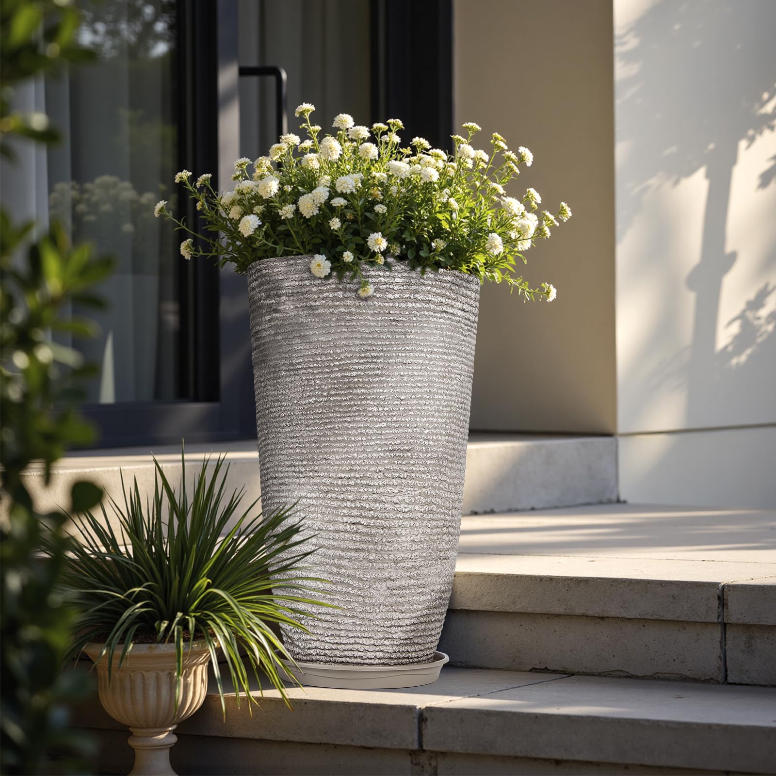 QCQHDU patio scene with cascading flowers in planters