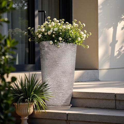 QCQHDU patio scene with cascading flowers in planters