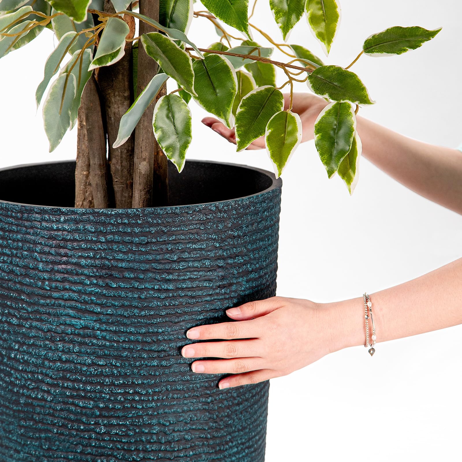 QCQHDU patio setup with blue planters enhances outdoor living