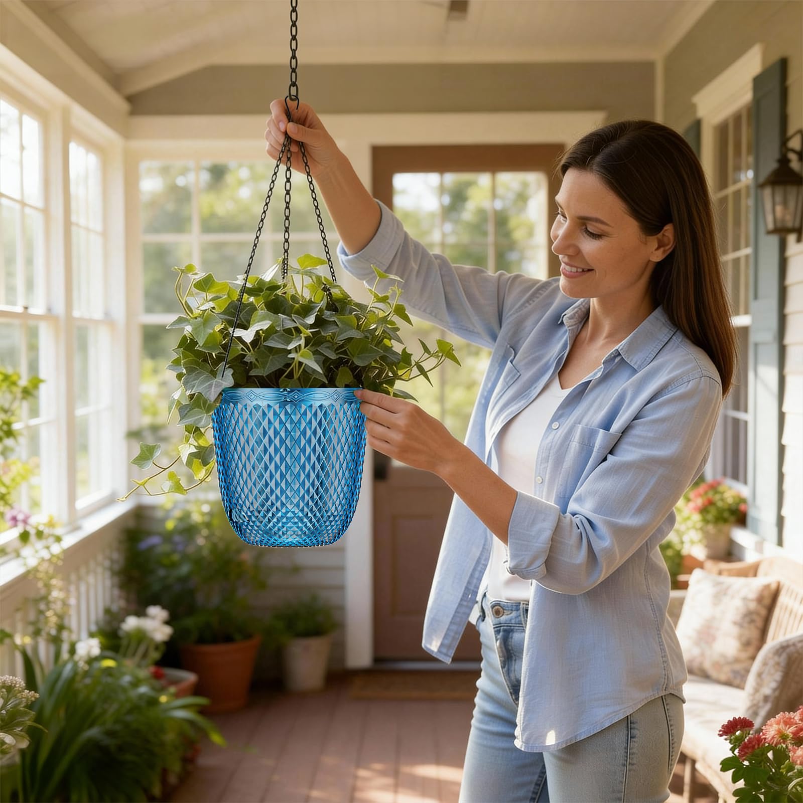 QCQHDU self-watering hanging pots drainage holes close-up for aeration