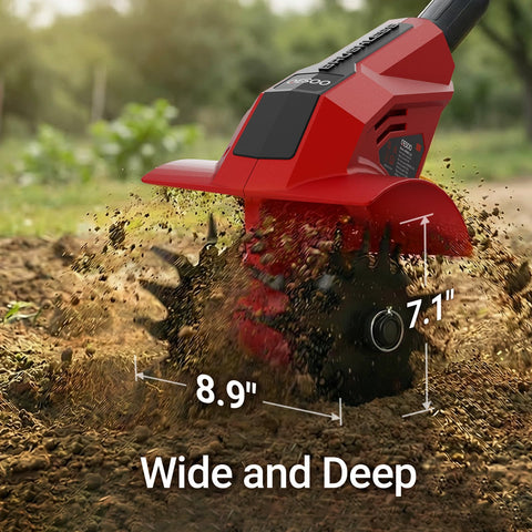 QESOO tiller demonstrates 7.1-inch tilling depth for soil prep.