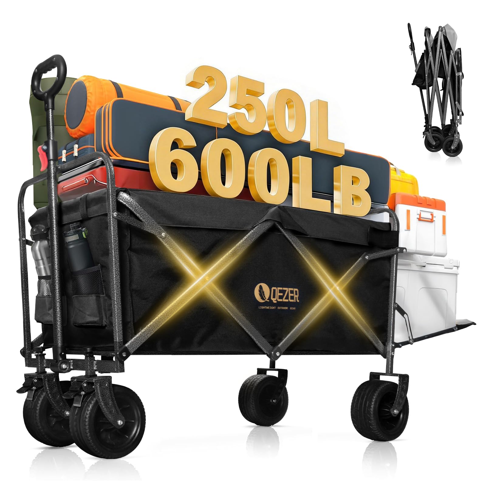 QEZER 56-inch folding wagon with tailgate enabling effortless cargo loading