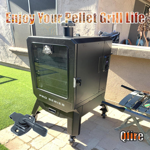 Qfire black satin finish latch complements Pit Boss smoker exterior.