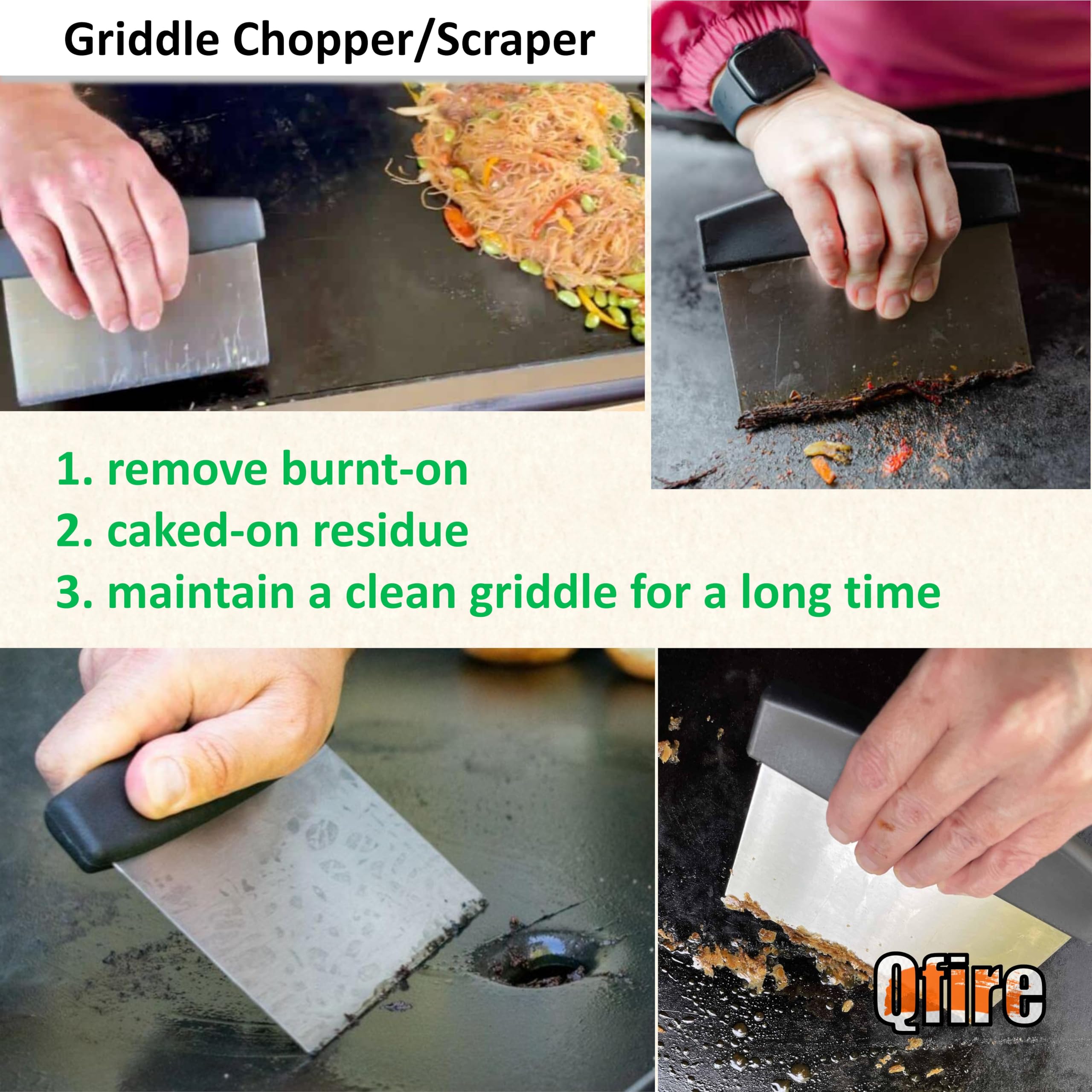 Qfire blue rhino flat-top scraper demonstrates compatibility with Blue Rhino griddles and easy cleaning.