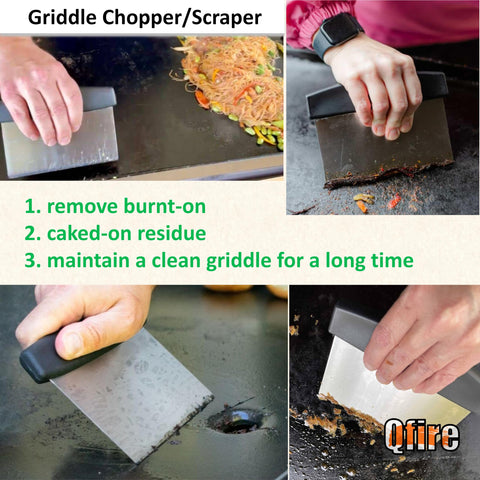 Qfire blue rhino flat-top scraper demonstrates compatibility with Blue Rhino griddles and easy cleaning.