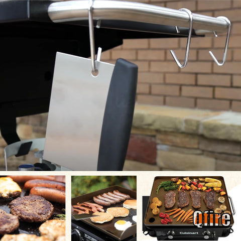 Qfire Camp Chef flat-top scraper ready for Camp Chef flat tops, offering reliable surface cleaning.