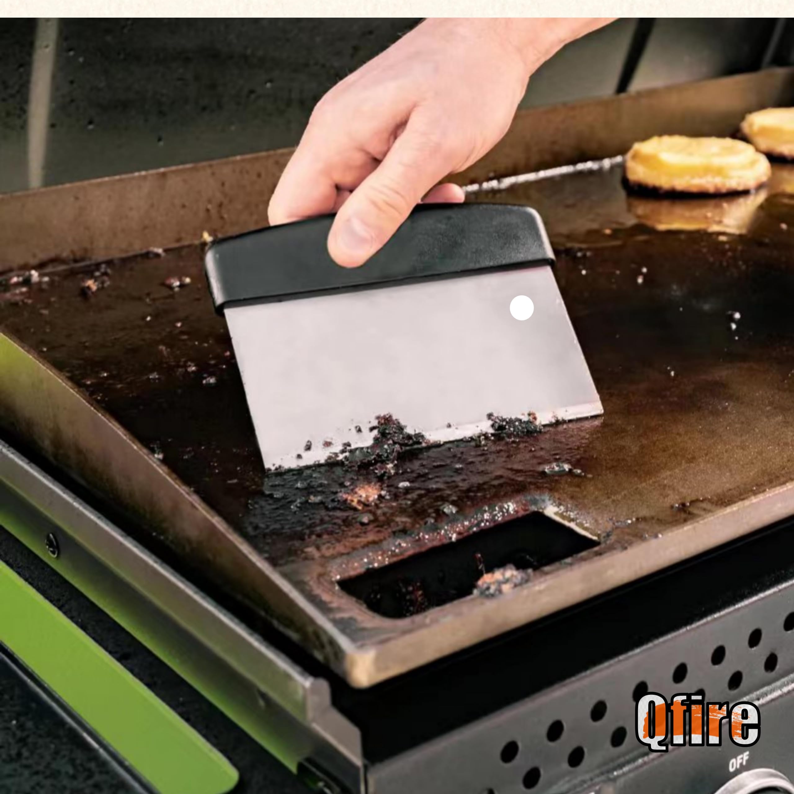Qfire heavy-duty stainless steel griddle scraper ready for durable cleaning on large flat tops.