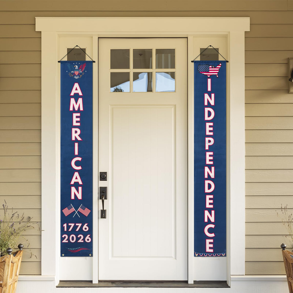 QGWJEKUI 250th Independence vertical banners front view with AMERICAN and INDEPENDENCE text