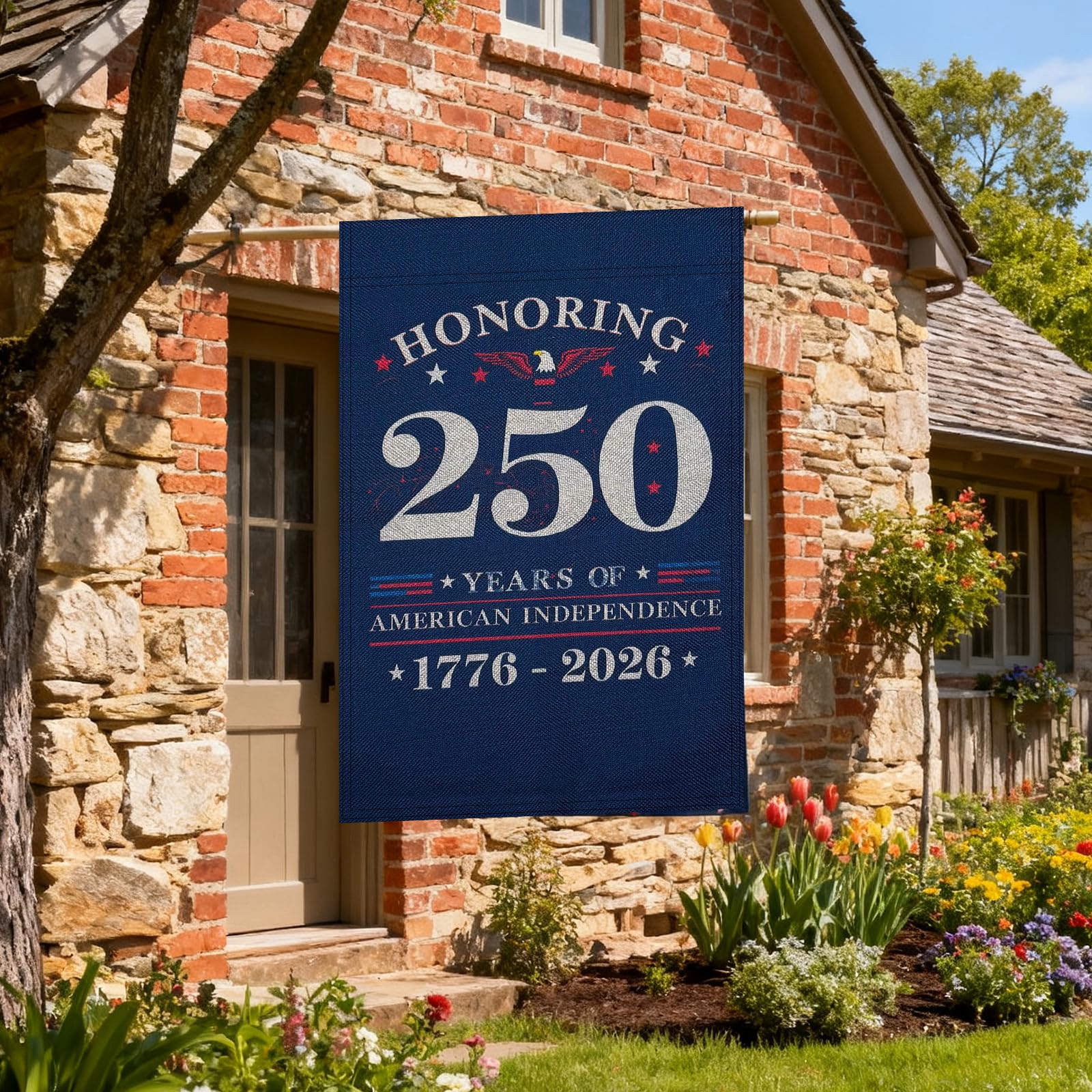 QGWJEKUI stars and vintage lettering emphasize the 250-year milestone for curb appeal.