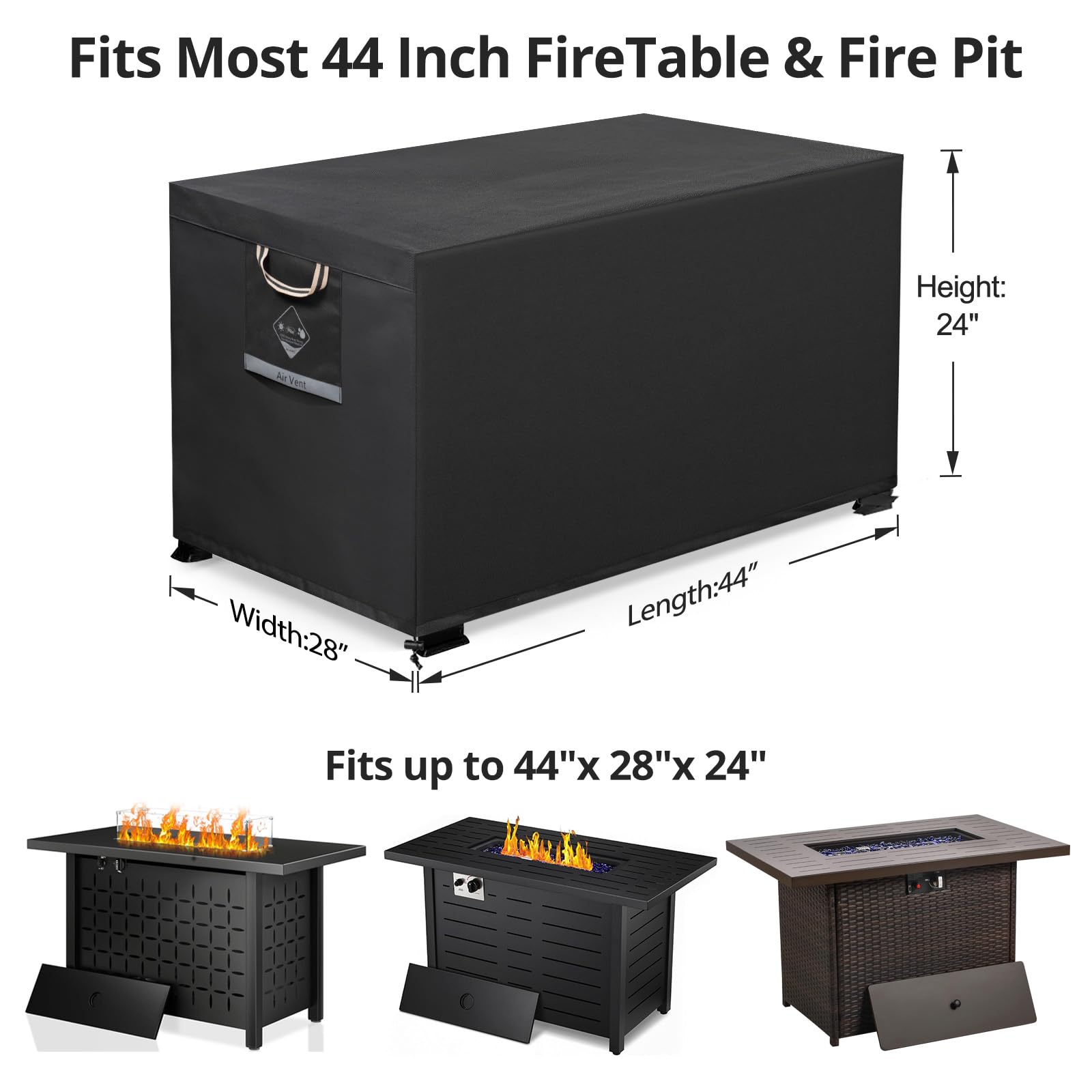 QH.HOME rectangular fire pit cover back view shows full coverage.