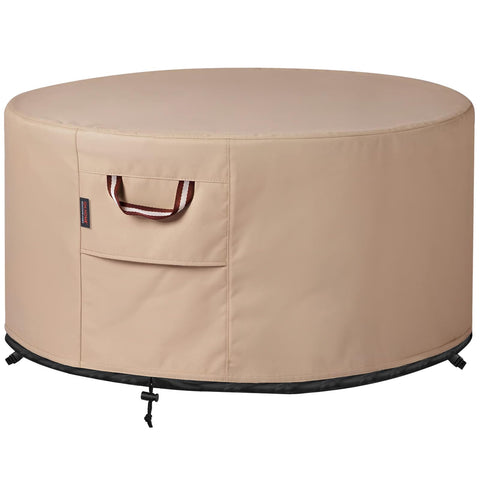 QH.HOME round fire pit cover in wheat protects from rain and debris