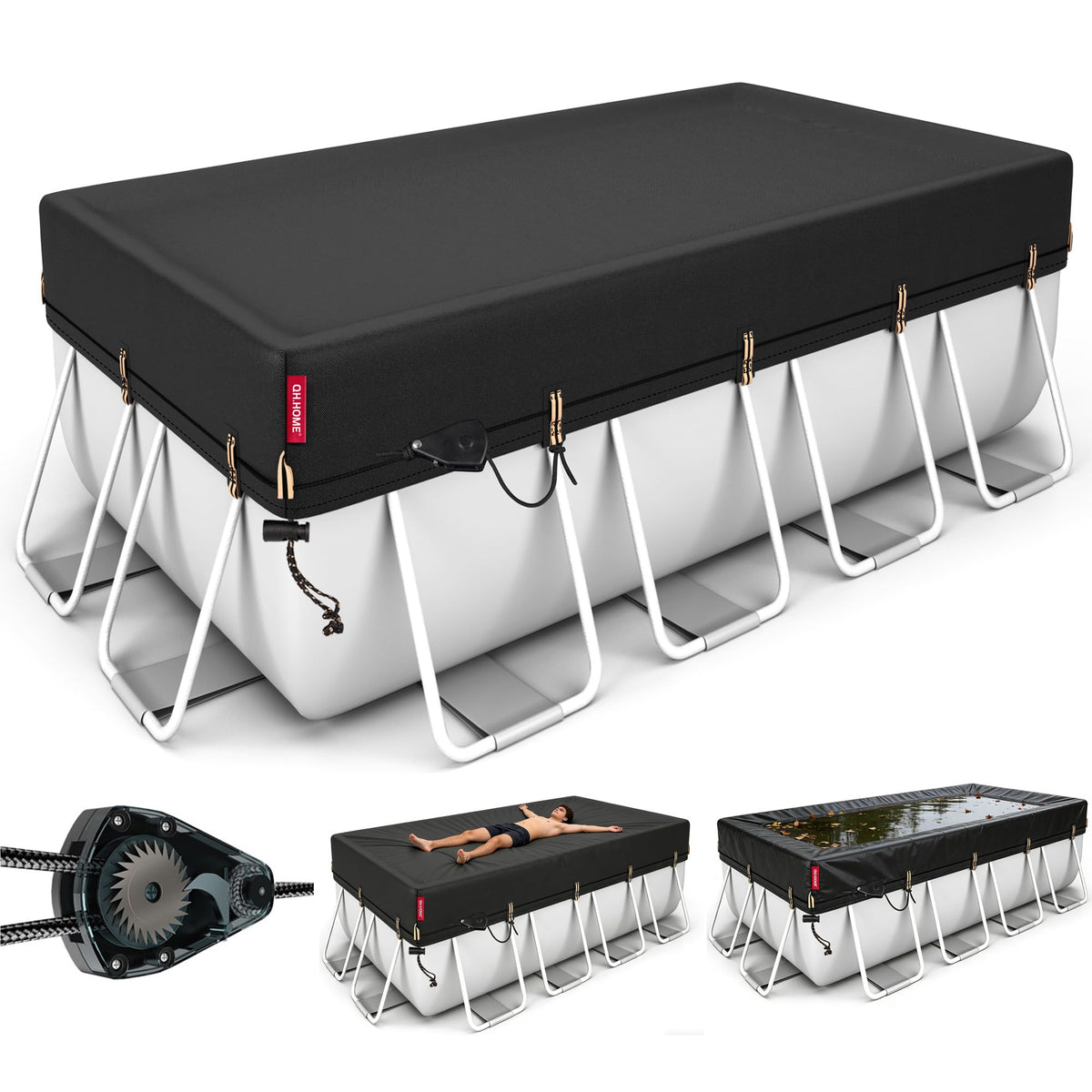 QH.HOME 12x24 rectangular pool cover blocks leaves and debris to keep water cleaner.