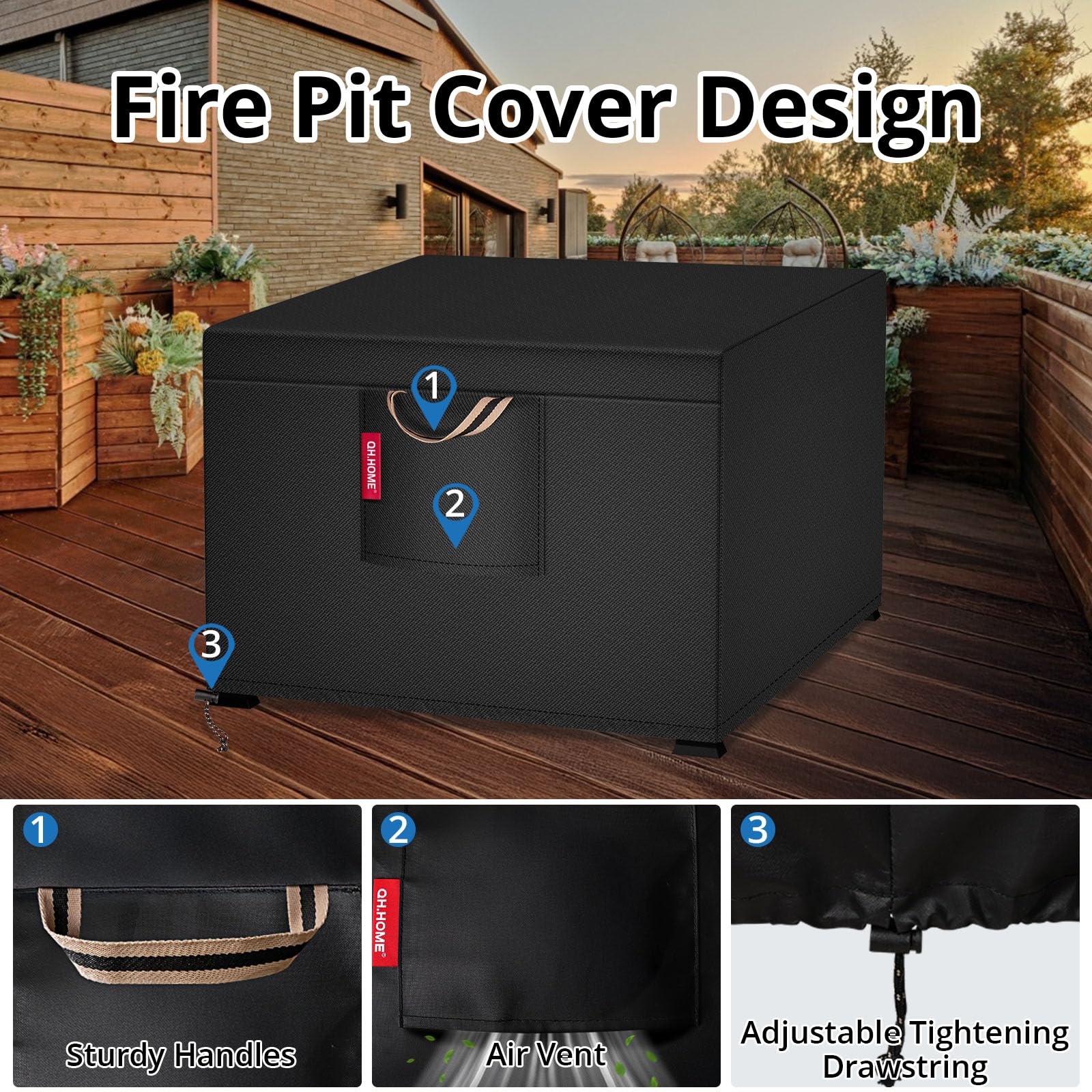 QH.HOME black fire pit cover on patio with easy removal.