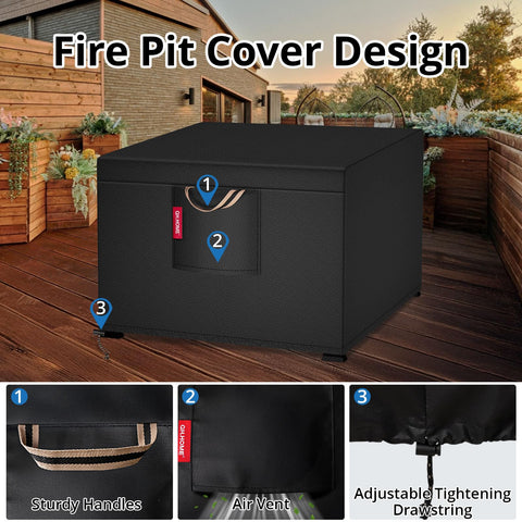 QH.HOME black fire pit cover on patio with easy removal.
