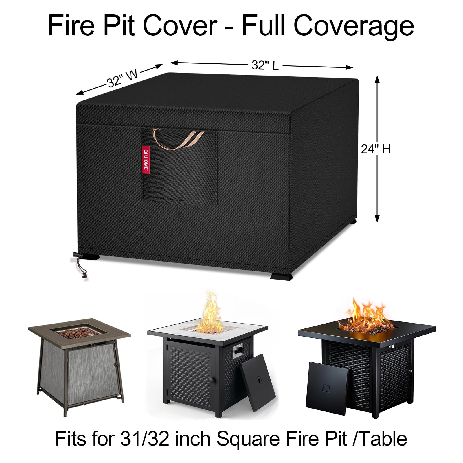 QH.HOME fire pit cover with waterproof coating protecting against rain and snow.
