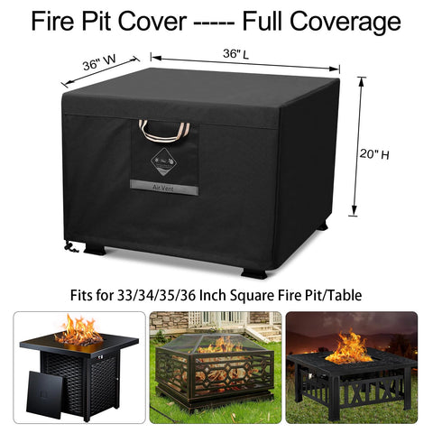 QH.HOME square fire pit cover 36-inch on pit shows snug fit and protection