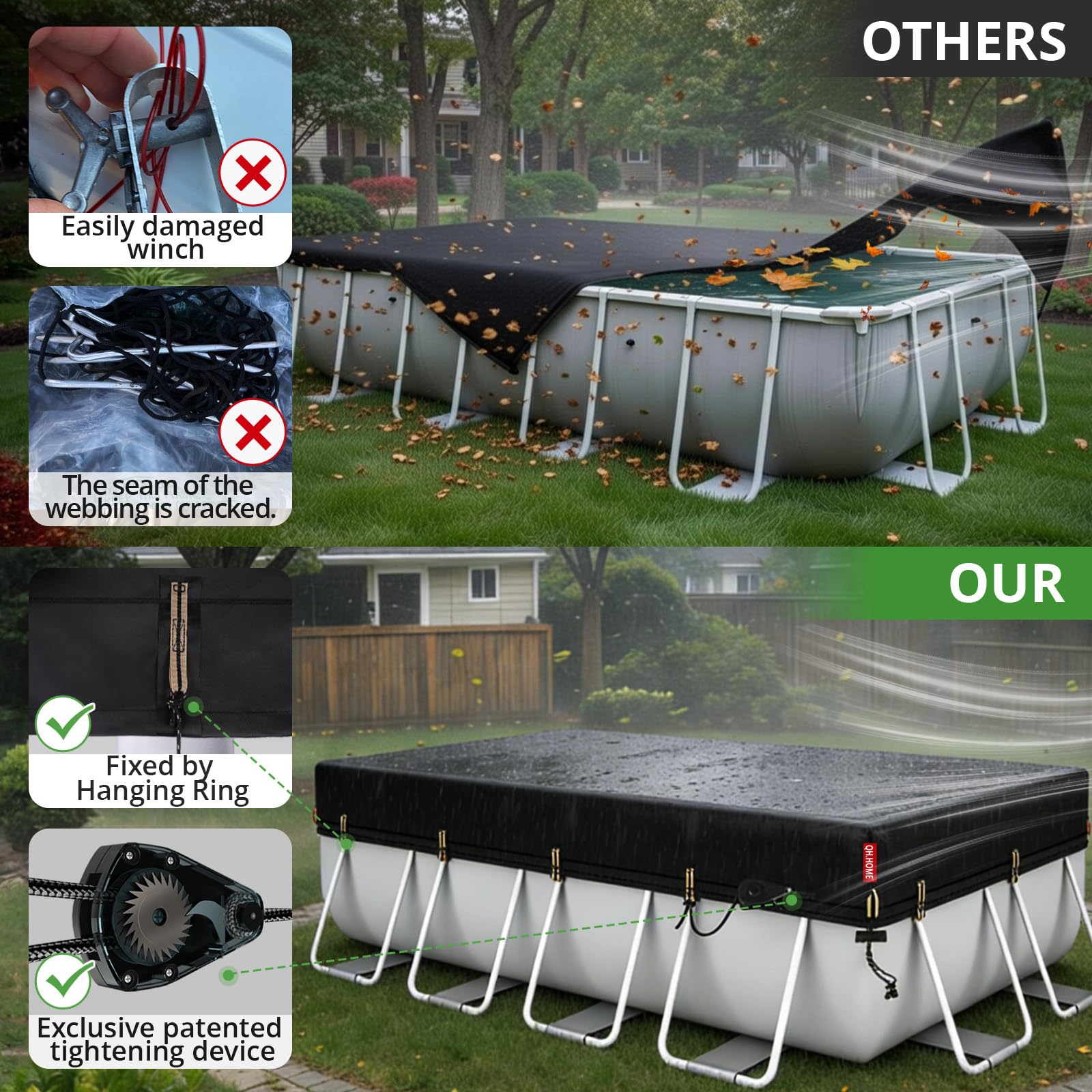 QH.HOME windproof design with patented ratchets keeps the cover snug.