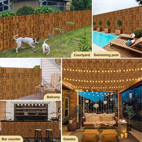 QHAIYYBF reed fencing roll mounted along garden fence for versatile decor.