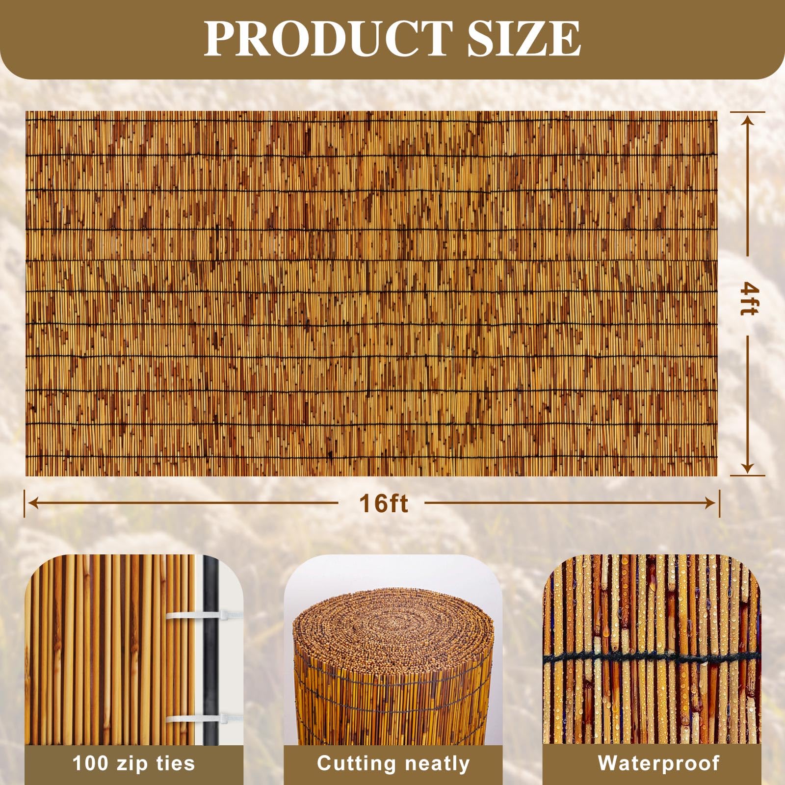 QHAIYYBF reed fencing roll close-up shows natural texture and rustic appeal.