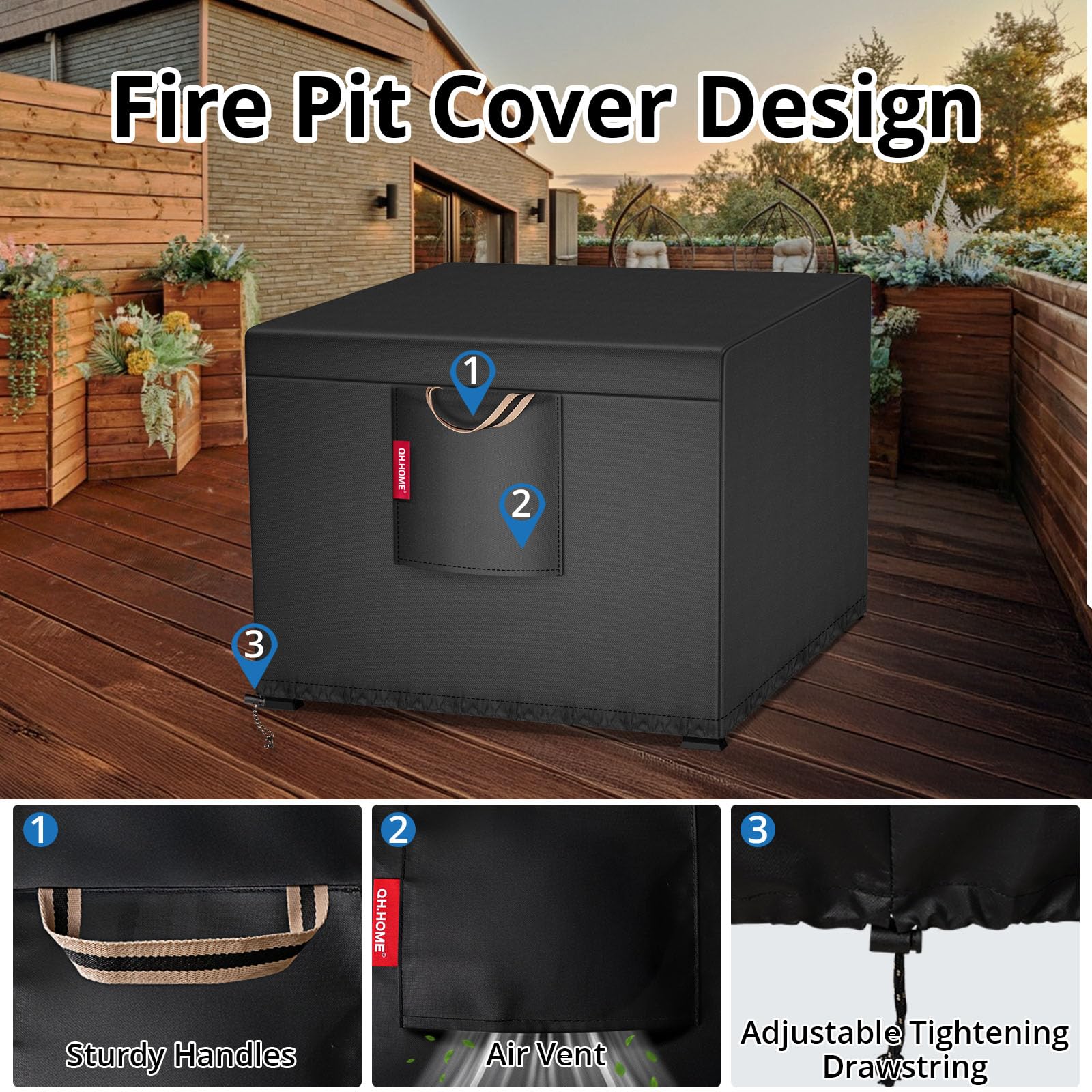 QH.HOME cover in use on square fire pit table.