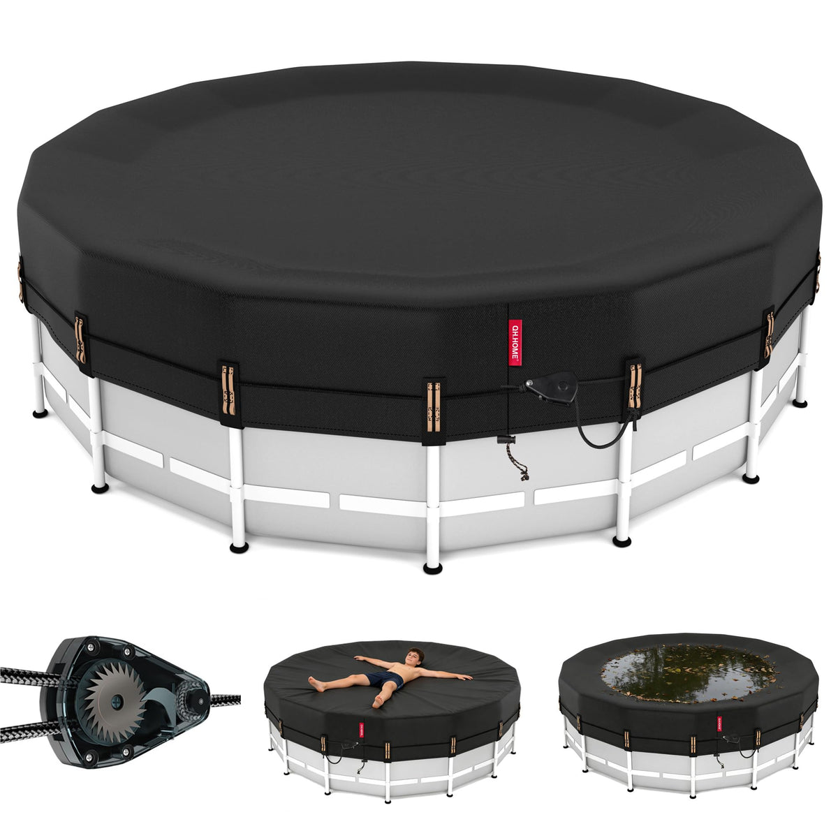 QH.HOME 14ft round pool cover on pool protecting water from debris and leaves