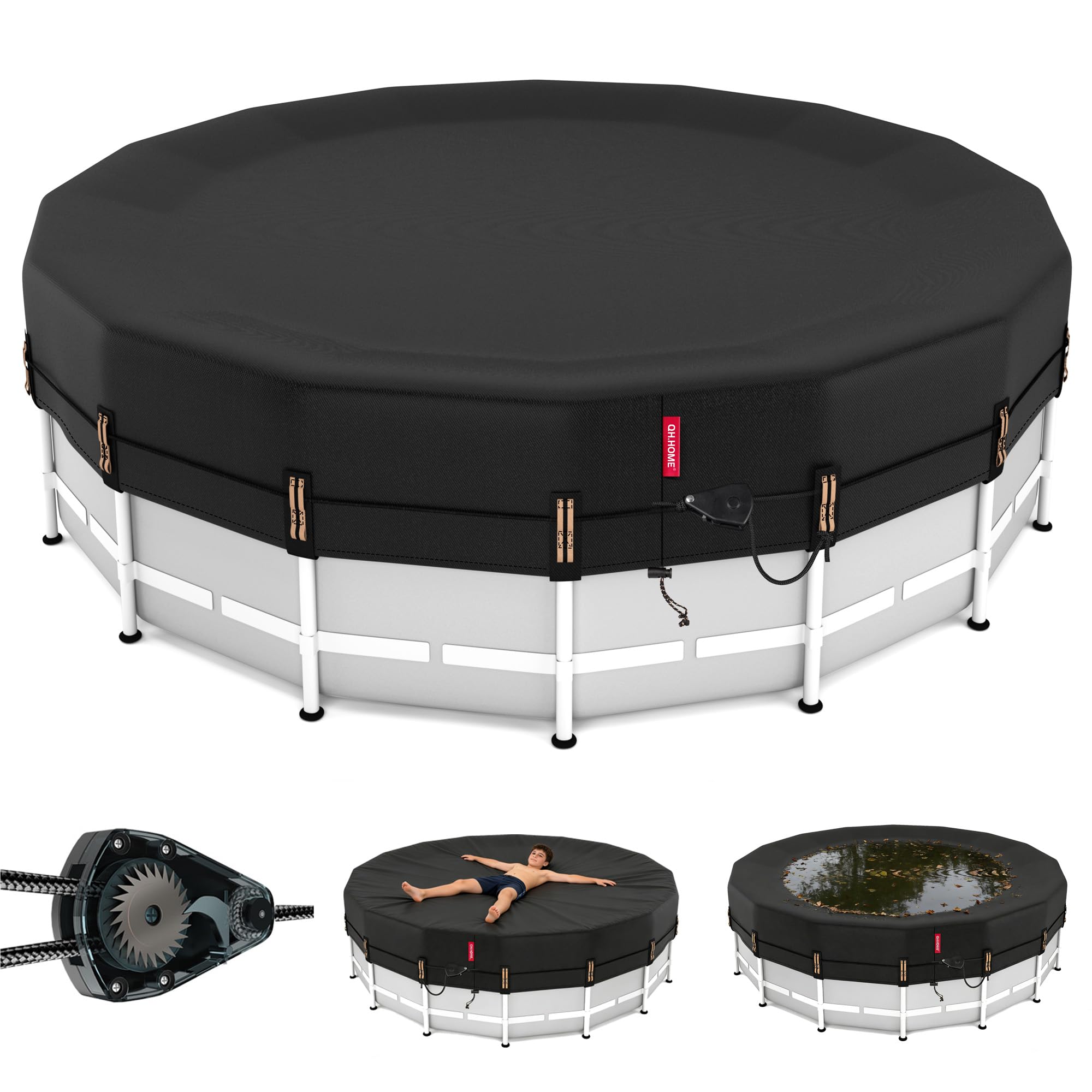 QH.HOME 15ft round pool cover fitted over a round above-ground pool to keep debris out.