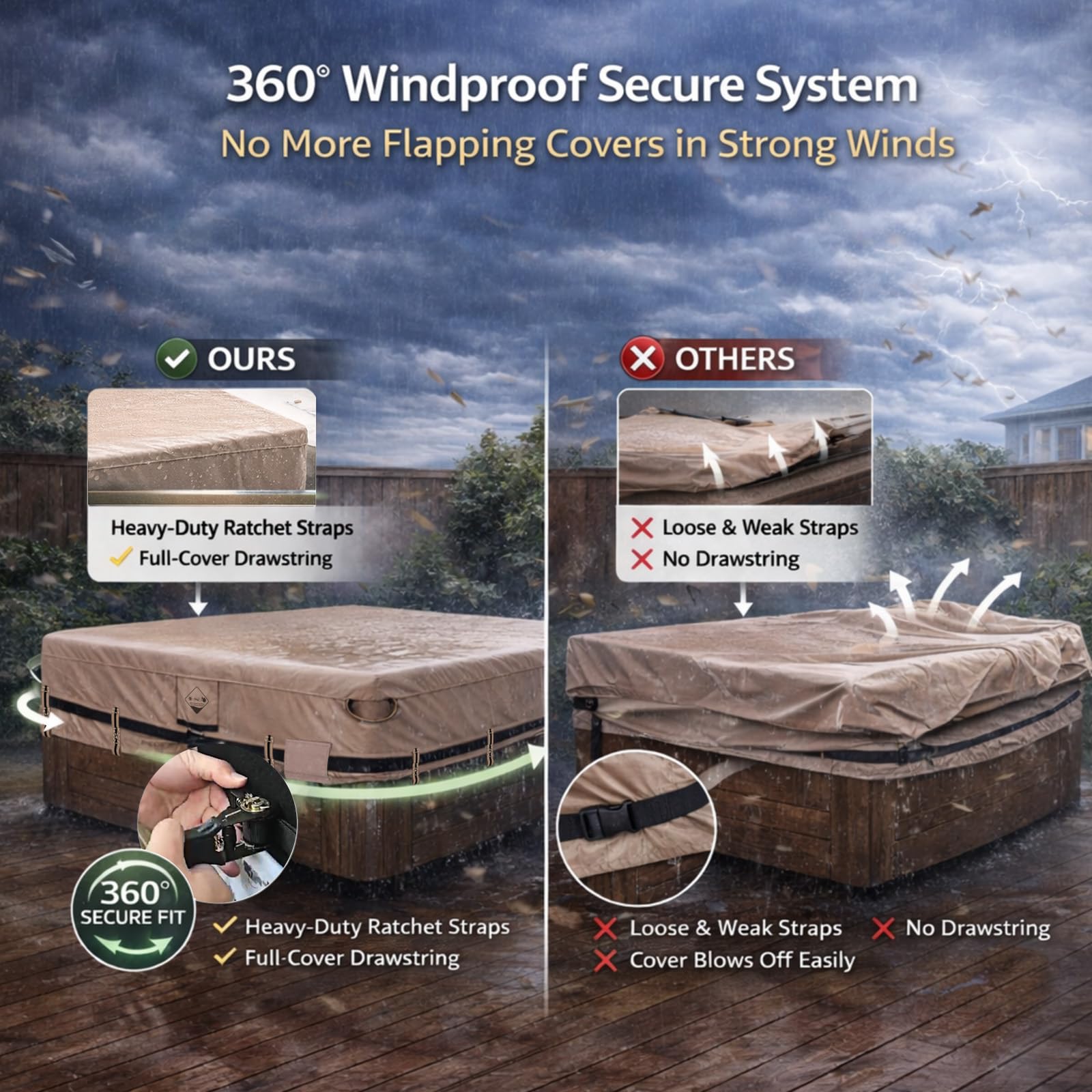 QH.HOME hot tub cover 85x85 air vents illustrate moisture control.