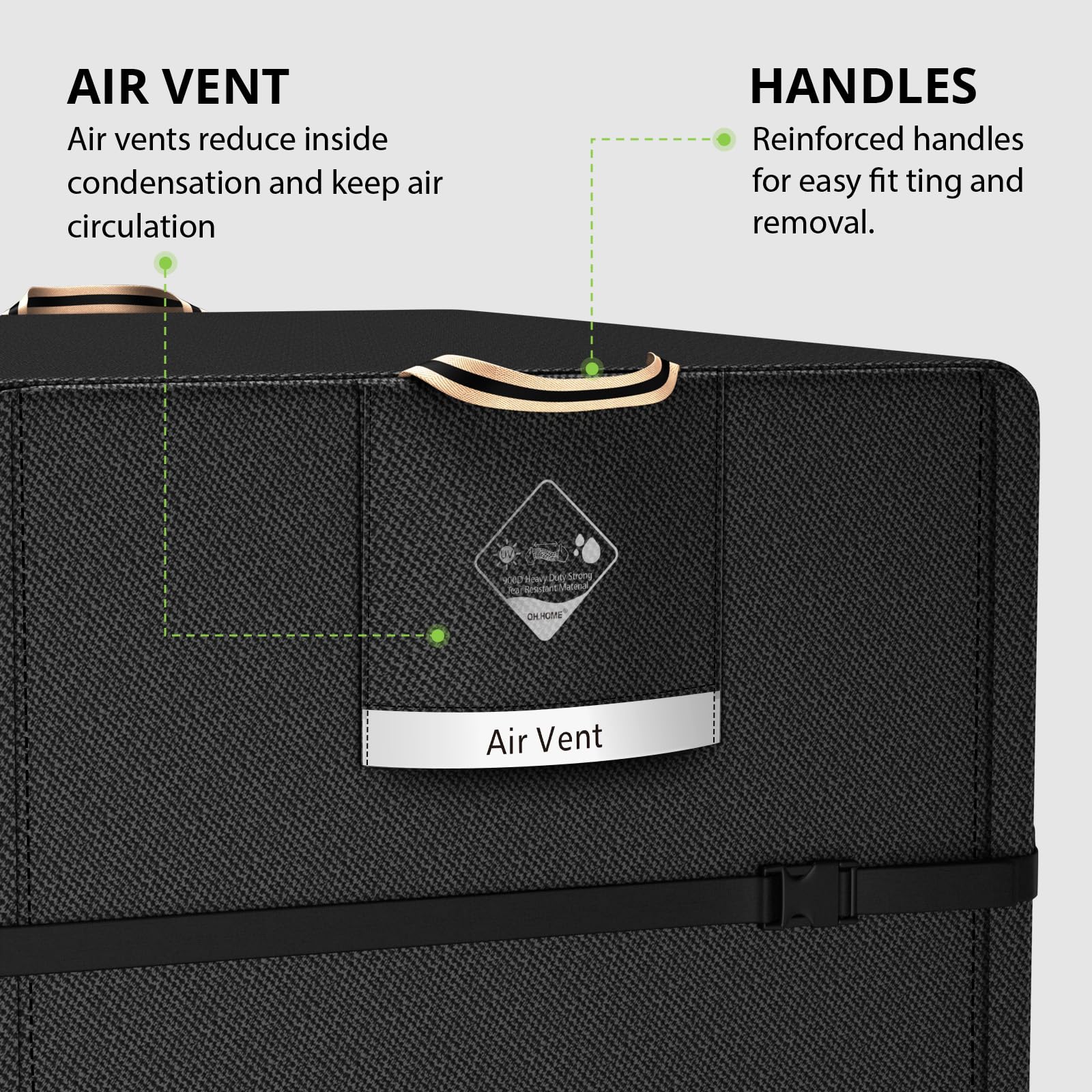 QH.HOME black outdoor generator cover shown protecting equipment outdoors.
