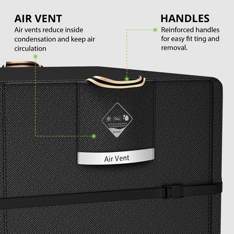 QH.HOME black outdoor generator cover shown protecting equipment outdoors.