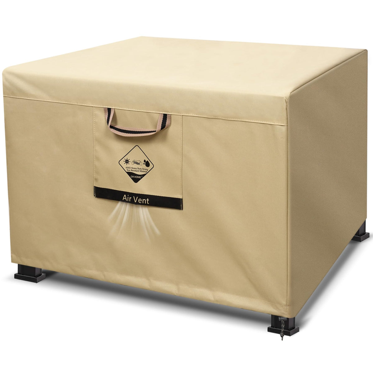 QH.HOME fire pit cover 32x32 beige protects a square pit from rain and dust.