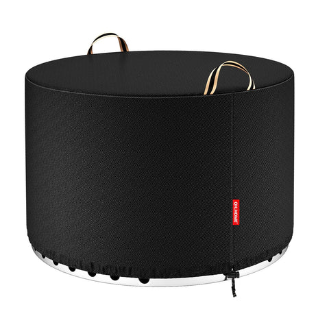 QH.HOME round fire pit cover on Yukon 30 inches shows snug fit and weather protection.