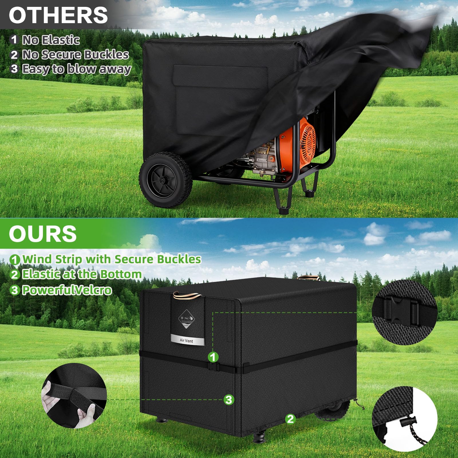 QH.HOME 32x24x24 size on cover ensures a snug generator fit.