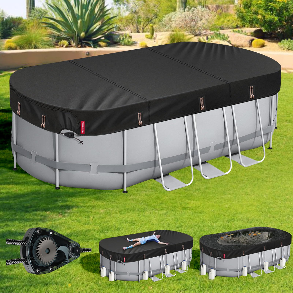QH.HOME 10x16 oval pool cover overview shows snug fit and debris protection.